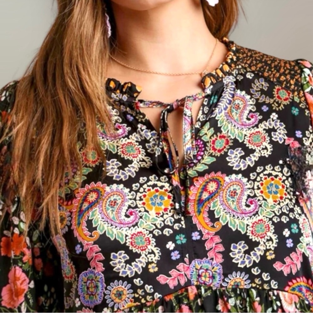 🌸Floral Paisley Boho Blouse w/Tie. Black/Rose/Gold/Blue/Multi. Medium - Picture 4 of 13